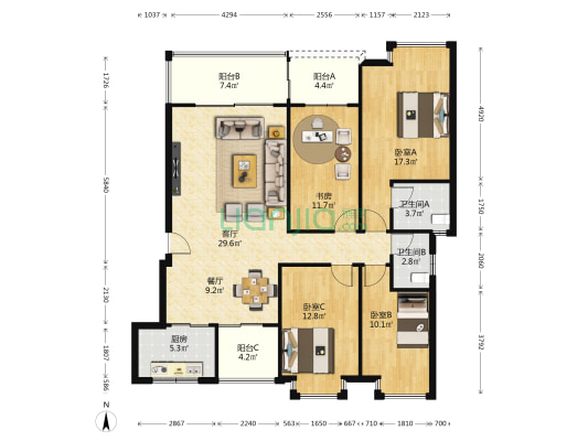 海纳石鸣苑 4室2厅2卫 136平方