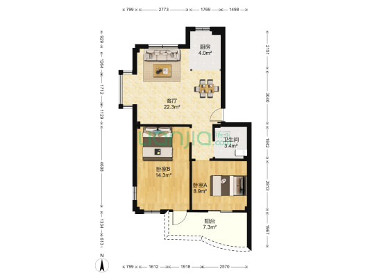 瑞都锦苑 2室1厅1卫 77平方