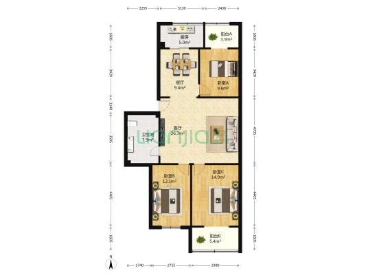 海郑小区 3室2厅1卫 118平方