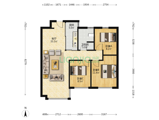 万科翡翠东第西区 3室1厅1卫 103平方