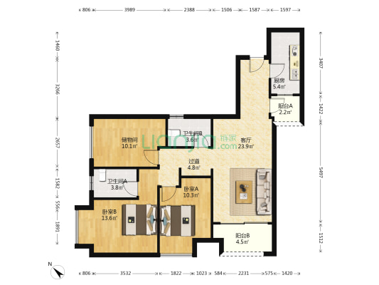 新天泽首誉 2室1厅2卫 100平方