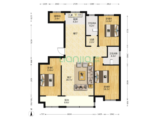 华邦旭馨园B区 3室1厅2卫 144平方