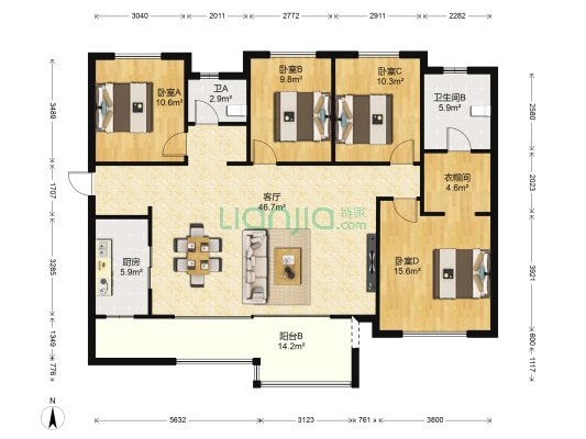 融创九樾府B区 4室1厅2卫 149平方
