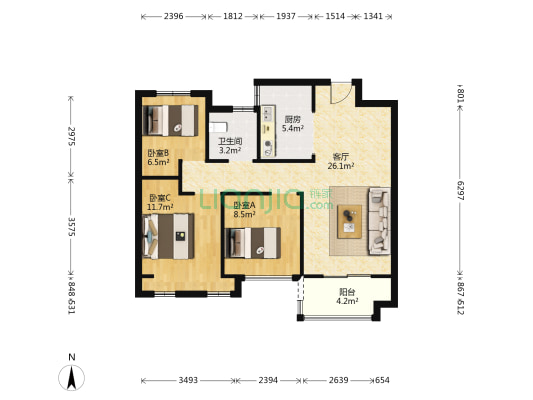 中海城D区 3室1厅1卫 89平方