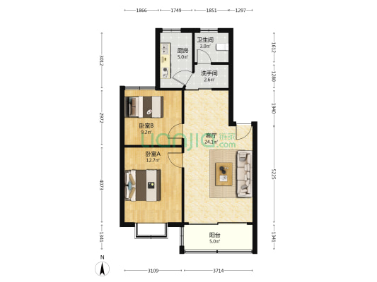 河畔雅苑 2室1厅2卫 76平方