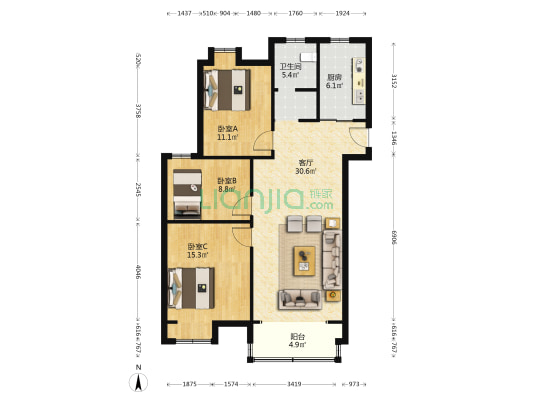 麒麟园 3室1厅1卫 104平方