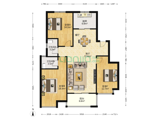 金泰新理城 3室1厅2卫 127平方