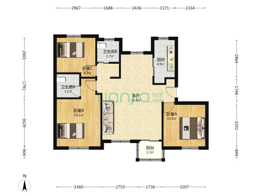 阳光城丽景湾 3室1厅2卫 94平方