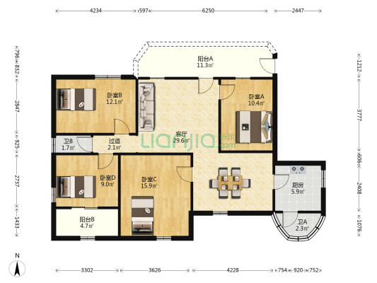 金鸡岭 4室1厅2卫 128平方
