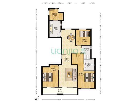 远洋东方境世界观8号地 3室1厅2卫 140平方