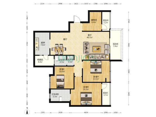 香楠国际 3室1厅3卫 136平方
