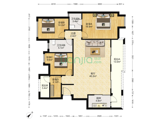 中昂新天地天玺 4室1厅2卫 133平方