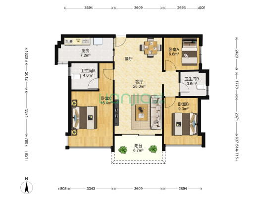 盛天领域 3室1厅2卫 89平方