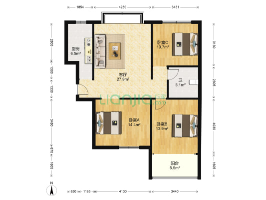 星都國際花園 3室1厅1卫 113平方