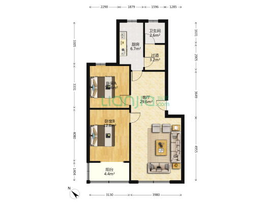 东方太行山住宅区二安B区 2室1厅1卫 95平方