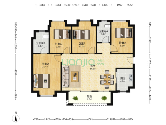 金地香山湖香景花园 4室1厅2卫 124平方