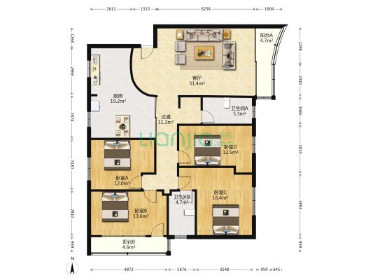 黄金苑南岭医院职工住宅楼 4室1厅2卫 154平方