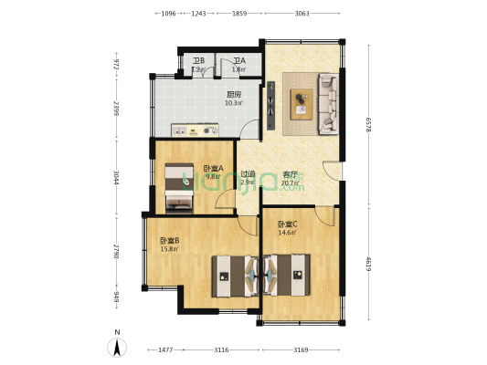 升华巷1号 3室1厅2卫 85平方