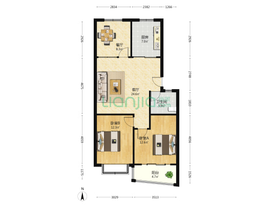 恒润御园 2室2厅1卫 92平方