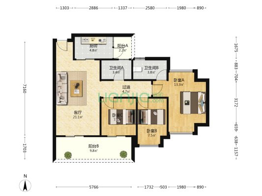 奥园翡翠澜湾 3室1厅2卫 96平方