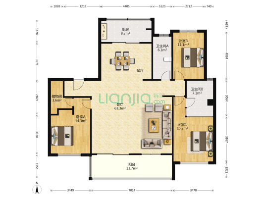 西水东泓府 3室1厅2卫 160平方