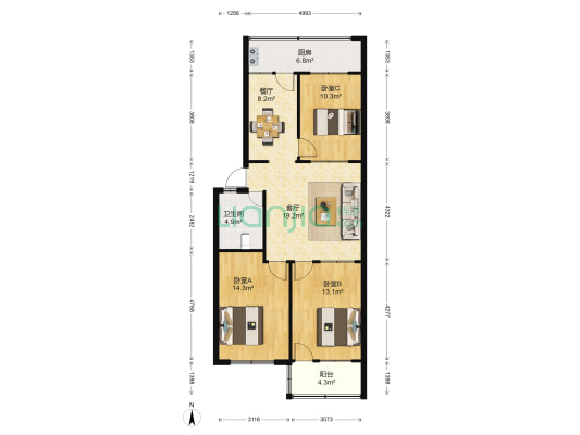 农行宿舍 3室2厅1卫 95平方