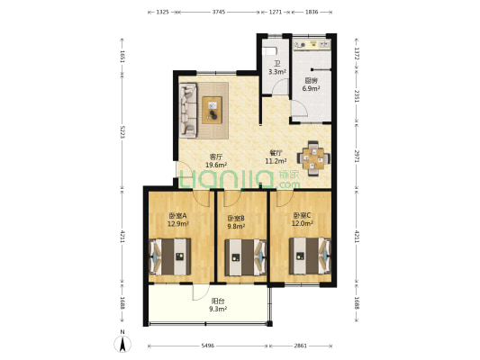 泰山学院岱道庵路宿舍区 3室2厅1卫 95平方