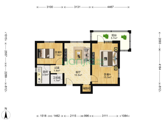 北滨河路55号 2室1厅1卫 70平方