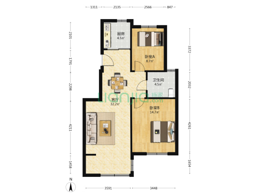 振兴花苑 2室1厅1卫 86平方