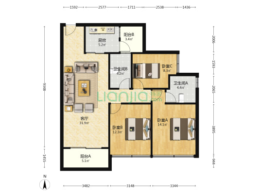 恒福君庭 3室1厅2卫 112平方