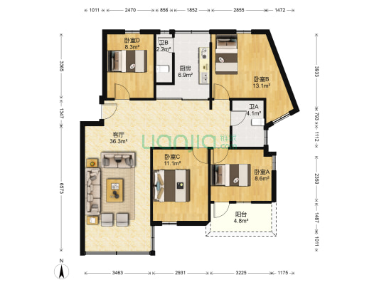 同寿巷12号 4室1厅2卫 106平方