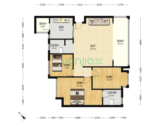 恒大滨河左岸 3室1厅2卫 113平方