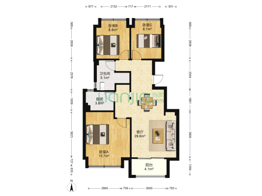 荣安月园 3室1厅1卫 95平方