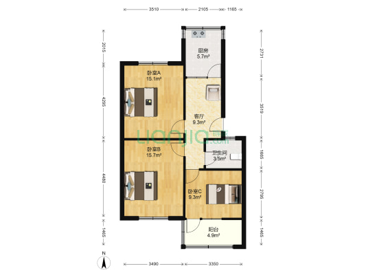 顺河路43号院 3室1厅1卫 73平方