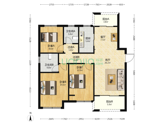 中海湖滨世家怡然苑 3室2厅2卫 128平方