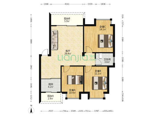 铭丰花园 3室1厅1卫 89平方