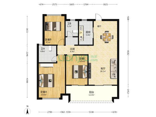 大华锦绣海岸五期 3室1厅3卫 119平方