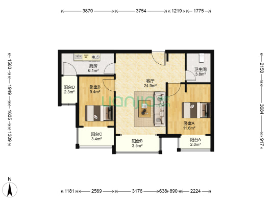 天霖园 2室1厅1卫 97平方