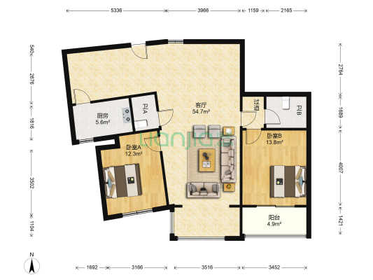 萬盛锦园 2室1厅2卫 134平方