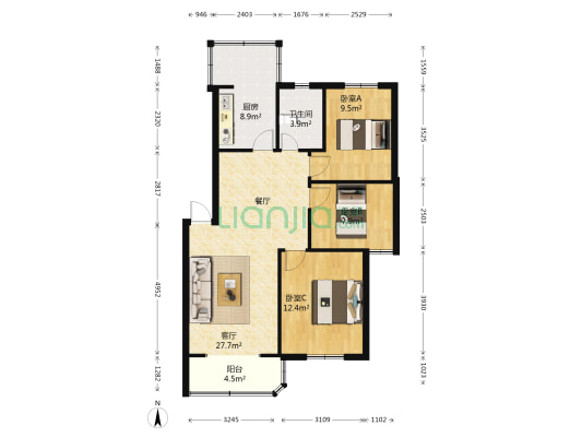 汤井花园 3室1厅1卫 93平方