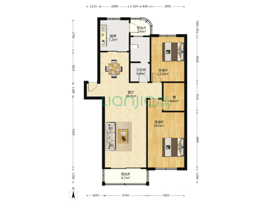 江南花园 2室1厅1卫 117平方