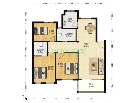 殷秀花园 3室1厅2卫 120平方