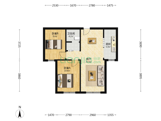 明湖润庭 2室1厅1卫 82平方