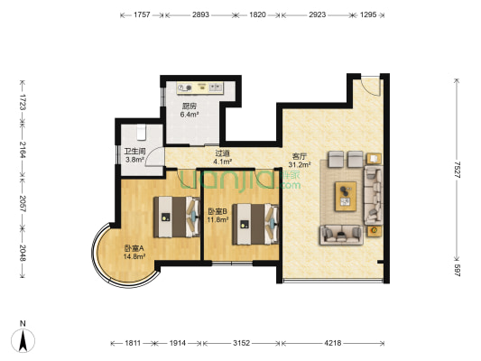 黎明国际广场 2室1厅1卫 98平方