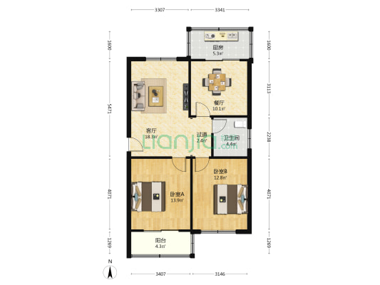 腌制小区 2室2厅1卫 88平方