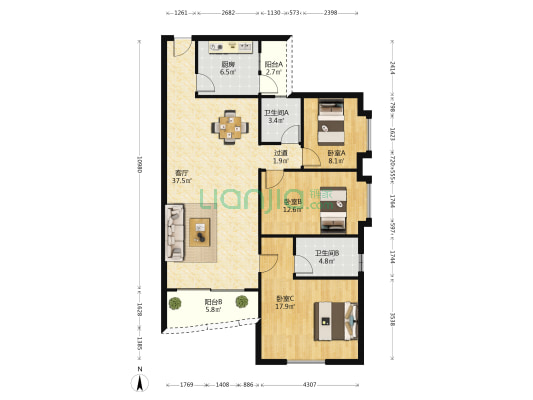 雅宝新城A区(一区) 3室1厅2卫 116平方