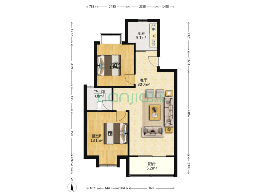 香墅嘉苑 2室1厅1卫 95平方