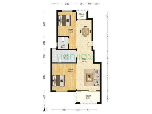 金御华府 2室1厅2卫 94平方