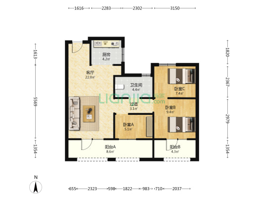 青特悦海府二期 3室1厅1卫 89平方