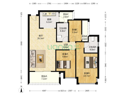 花滩御景江山（合川） 3室1厅2卫 106平方